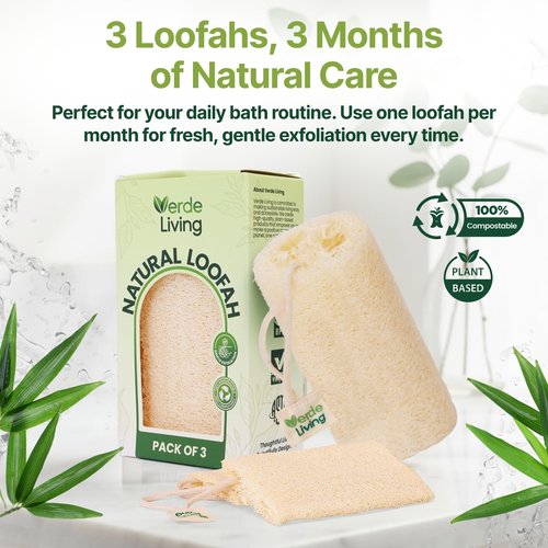 Verde Living 100% Natural Loofah Sponge for Body - 3 Loofa Pack 6 Inch Exfoliating Sponge with Drawstring - Large Organic Shower Loofah for Men and Women