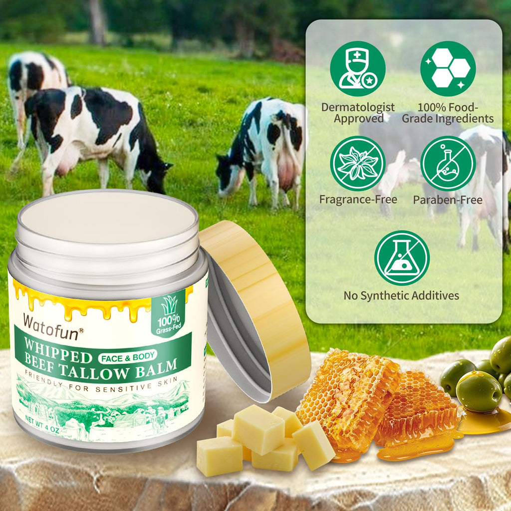 Whipped Beef Tallow Balm for Skin - 100% Organic Grass-Fed Tallow & Honey Body Butter, Infused with Olive Oil to Nourish, Soothe & Repair Dry, Cracked, Sensitive Skin- Natural Deep Moisturizer 4 OZ