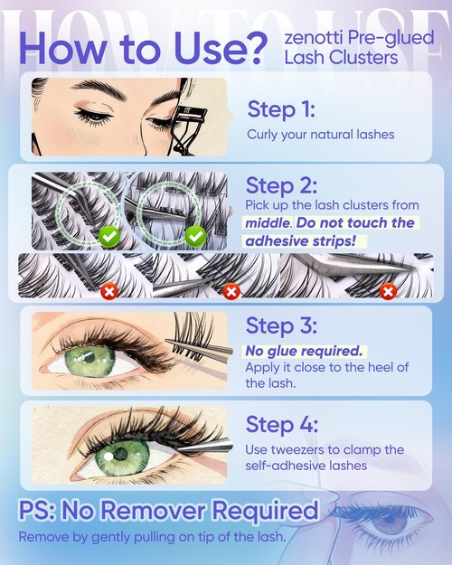 Self Adhesive Eyelashes Natural Self Adhesive Cluster Lashes No Glue Wispy Eyelash Clusters Pre Glued Short 9-12mm Manga Lash Cluster Press on Individual lashes by zenotti