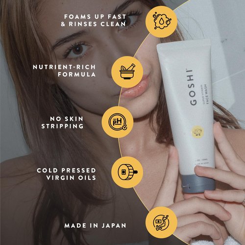 GOSHI Super Vitamin Face Wash for All Skin Types 4 oz - Infused with Vitamin E, Cold-Pressed Sesame Oil, Macadamia and More Plant Extracts - Made in Japan