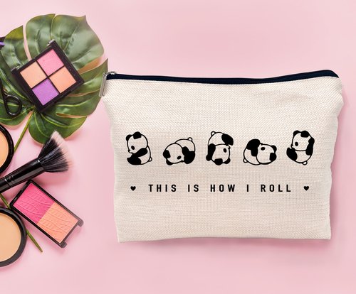 Lacosu This is How I Roll Makeup Bag, Wild Animal Cute Rolling Panda Cosmetic Makeup Bag for Panda Lover Women, Black, 7.5 x 10 Inches, Makeup, Travel, Toiletry