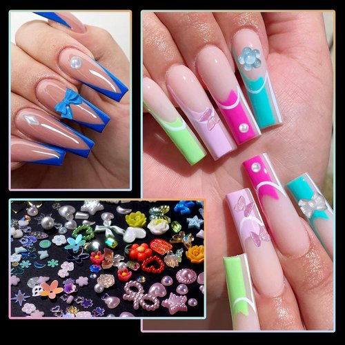 CESUSME Mix3D Assorted Color Nail Charms Multi Pink Blue Purple White Glitter Heart Flower Butterfly Bow Cute Charms Hollow White Pearls Nail Charms Acrylic Nail Art Manicure DIY Crafts Accessories