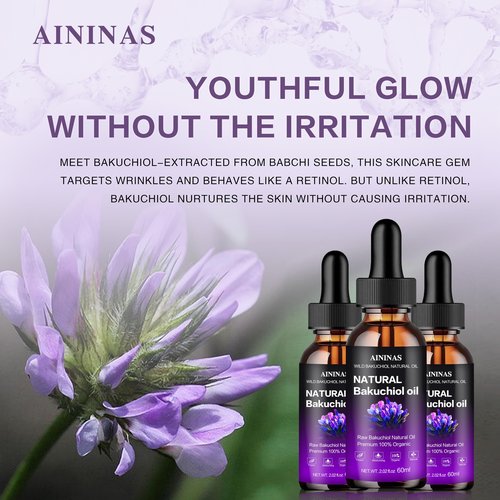 AIninas Bakuchiol Oil Organic for Face - Natural Retinol Alternative Reduces Wrinkles & Fine Lines, Sensitive Skin Safe, Mix with Moisturizer - Hydrating Facial Serum for Day & Night Use, 2 fl oz