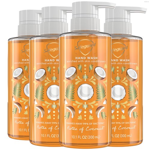 Safeguard Liquid Hand Soap, Micellar Deep Cleansing, Washes Away 99% Bacteria, Made with Natural Moisturizers, Enriched with Skin Conditioners, PH Balanced, Coconut Scent 10.1 oz (Pack of 4)