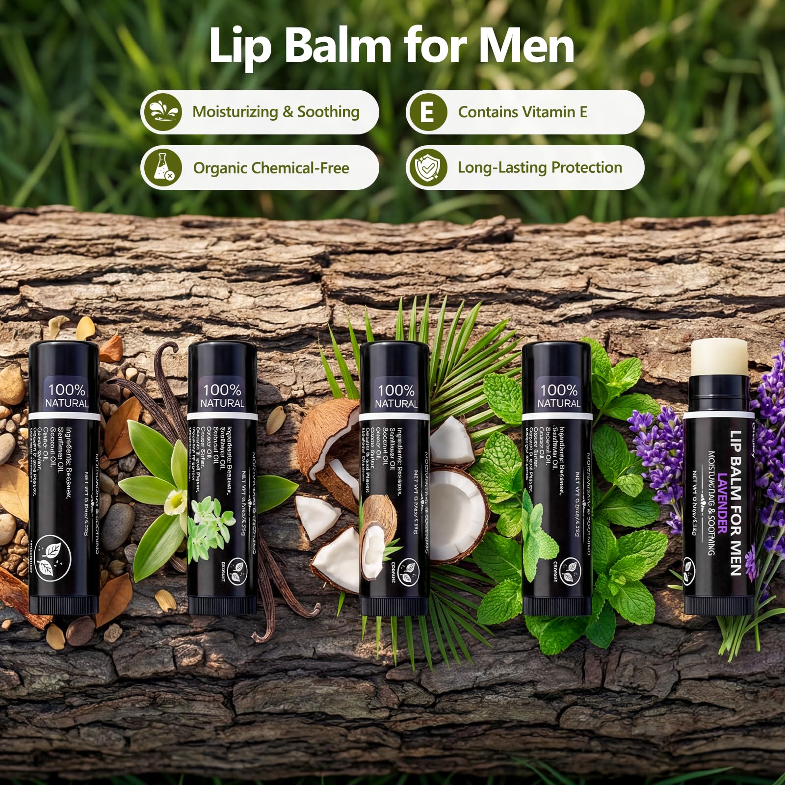10 Pack Lip Balm for Men - Hydrating Men's Lip Balm Vitamin E and Beeswax - Chapstick for Men Peppermint, Coconut, Vanilla, Lavender & Unscent