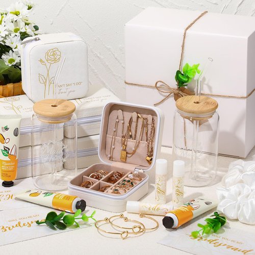 Teenyyou 60 Pcs Bridesmaid Proposal Gifts Bridesmaid Box Set Maid of Honor Gifts Wedding Bridal Shower Include Jewelry Box Glass Cup Scrunchies Hair Knotted Bracelets Hand Cream Lip Balm Cards (White)