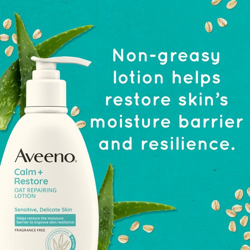 Aveeno Calm + Restore Oat Repairing Body Lotion for Sensitive Skin, Daily Moisturizer with Prebiotic Oat, Aloe & Pro-Vitamin B5, Fragrance Free Body Lotion Helps Heal Dry Skin, 12 oz