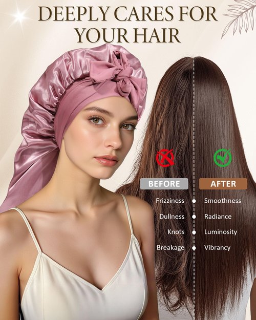 AWAYTR Long Satin Bonnet for Sleeping - Double Layer Reversible Silk Bonnet for Long Hair Women Sleeping Cap with Tie Band (Rose Gold+Pink)