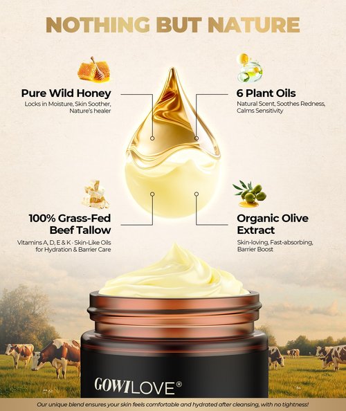 GOWILOVE 12Hr Moisture Lock Beef Tallow for Skin Care, Instant Redness Eraser Tallow and Honey Balm with 6 Botanical Rescue, Dewy Not Oily Face Cream Moisturizer Gift for Women Eczema Rosacea 3.04 Oz