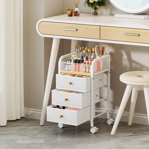 SWTYMIKI Rolling Makeup Organizer Cart - Floor Skincare Make Up Storage with 3 Non-woven Drawers, Vanity Organizer Cosmetic Display Cases Cabinet for Skin Care Perfume Nail Polish Brush Hair Tool