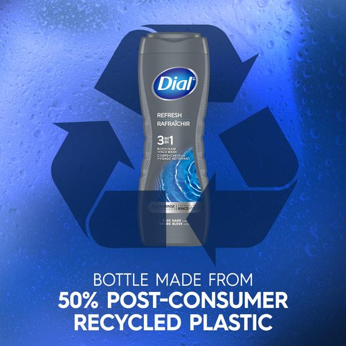 Dial Men 3 in 1 Body, Hair and Face Wash, Refresh, 16 Fl Oz (Pack of 4), Blue Sage Scent, Cleanses Deep + Gentle on Skin with Clean Rinse Technology
