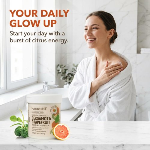 NATURE WELL Bergamot & Grapefruit Nourish & Energize Moisturizing Body Cream for Dry Skin, Infused with Natural Oils & Extracts, Non-Greasy, Lightweight, Helps Promote a Radiant Complexion, 16 Oz