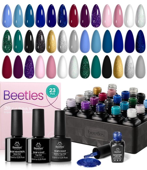 Beetles Gel Nail Polish Set Navy Blue Burgundy Purple Green Black Goloden Pink Gel Polish 20 Colors Celestial Collection Deep Color Nail polish Soak off UV LED DIY Salon Gift for Women