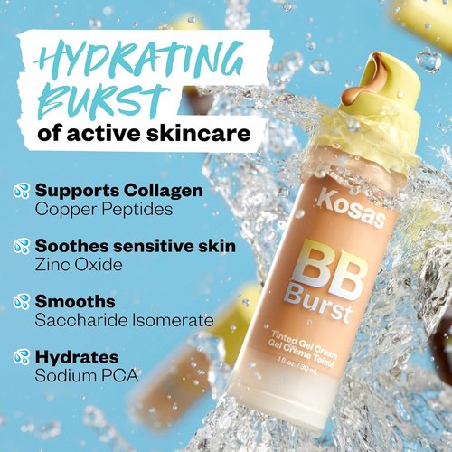 Kosas BB Burst Tinted Face Gel Cream - Hydrates & Smoothes Skin for Healthy Collagen - Deep Neutral Cool 41 (1 Oz/30 ML)