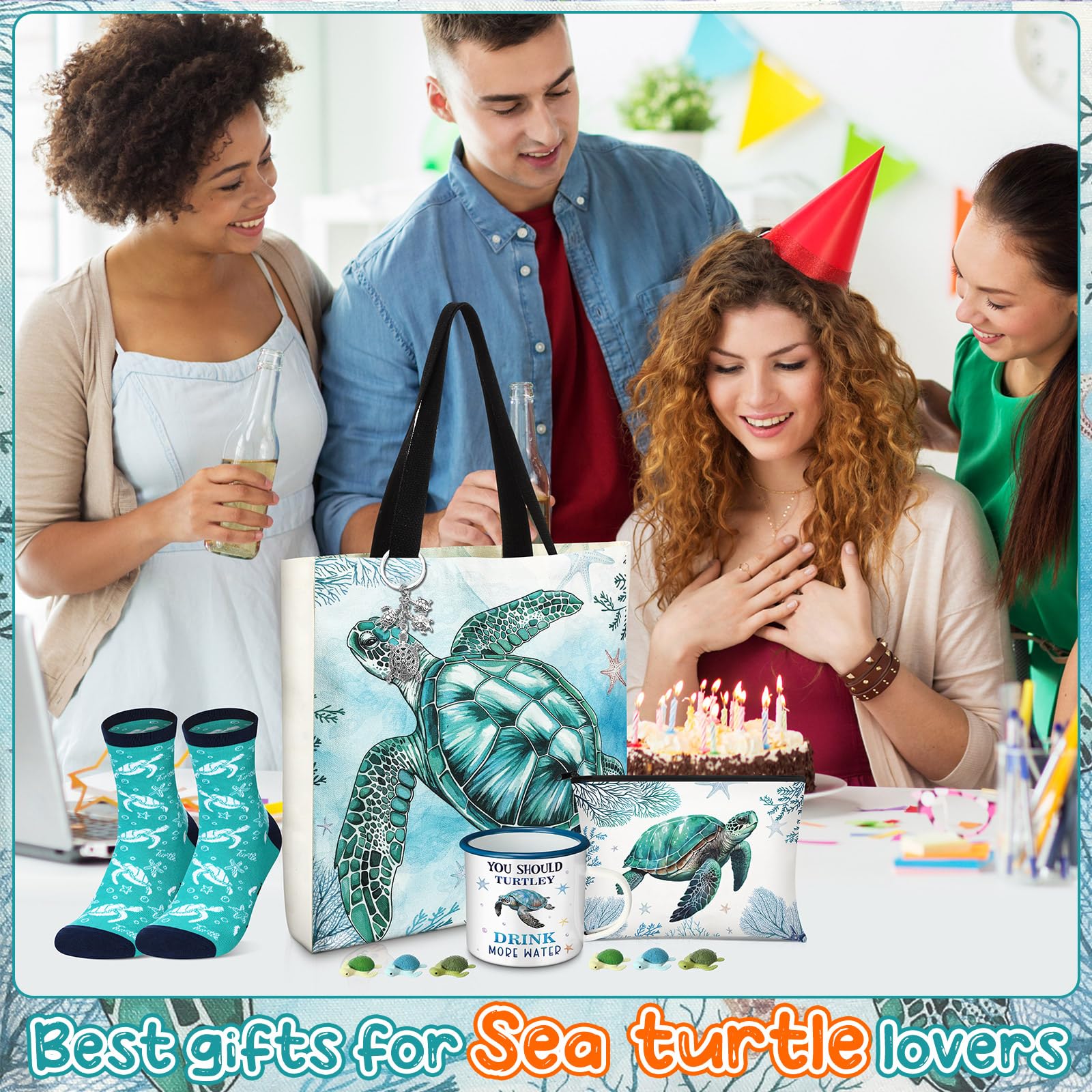 Yeyeplum Sea Turtle Lover Gifts for Women Birthday Gifts Baskets Set Include Canvas Tote Bag, Makeup Bag, Socks, Keychain, Enamel Mug, Small Figurines for Mom, Wife, Sister, Friend