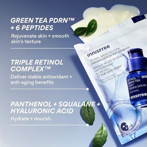 Innisfree Retinol Green Tea PDRNTM Serum Mask - 5 Pack Sheet Masks for Firming & Smoothing Skin