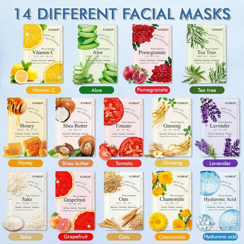 KONEUK 14 Pack Hydrating Sheet Face Masks - Ideal for Dry Skin | Perfect Facial Mask Gift Set