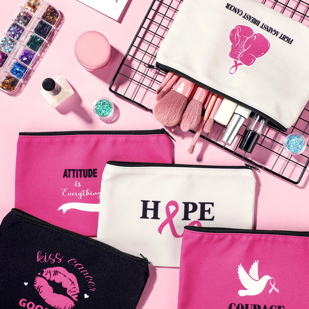 Xuniea Breast Cancer Awareness Bag Pink Ribbon Travel Makeup Pouch Breast Cancer Cosmetic Pouch Portable Canvas Breast Cancer Gift Bag for Vacation Travel Women Breast Cancer Awareness Party