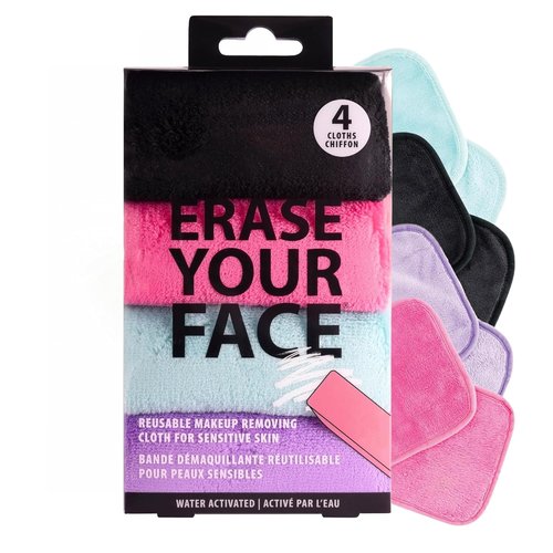 ERASE YOUR FACE Reusable Makeup Remover Cloths - Microfiber Towels for Gentle Cleansing - Water Activated | Multi-Color (4 Pack)