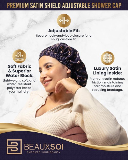Luxury Reusable Shower Cap for Women - Satin Lined, Adjustable & Waterproof - Keeps Hair Dry- Durable Hair Bonnet by BEAUXSOI (Fleur de Nuit) - Floral design