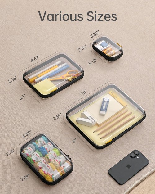 pakkabuu 3 Pack Clear Hard Shell Zipper Case - Clear Waterproof Cosmetic Bag with Zipper,Organizer Bins, Charging Cables, creative journaling, painting brushes,Christmas Storage Bins.