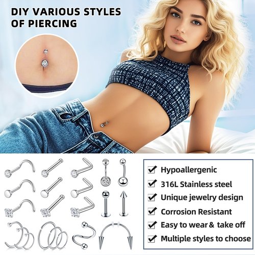 TKKUY 110Pcs Piercing Kit for all Body Piercings with Piercing Tools for Eyebrow Nose Ear Septum Belly Button Lip Tongue Cartilage and More with 12G 14G 16G 20G Piercing Needles