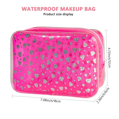TotePrint 2set Neon TSA Approved Clear Toiletry Pouch, 7"x2.3"x4.7" Size, PVC Travel Makeup Bags for Toiletries, Transparent Cosmetic Bag for Women and Men Small (Heart+Pink)