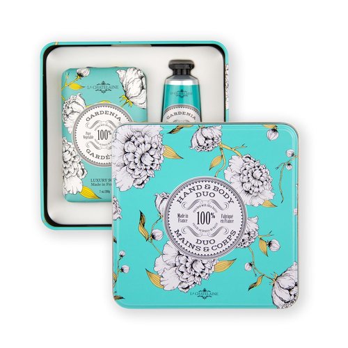 La Chatelaine Gardenia Soap & Shea Butter Hand Cream Gift Set - Natural & Organic, Made in France (7 oz. Soap Bar, 1 oz. Lotion)