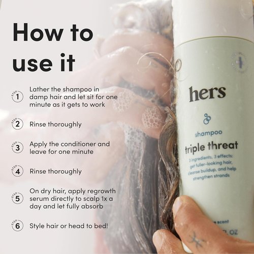 Hers Triple Threat Shampoo & Conditioner Set | 2% Minoxidil with Biotin & Saw Palmetto - Color-Safe & Paraben-Free - Napa Rose Scent - 3 Count