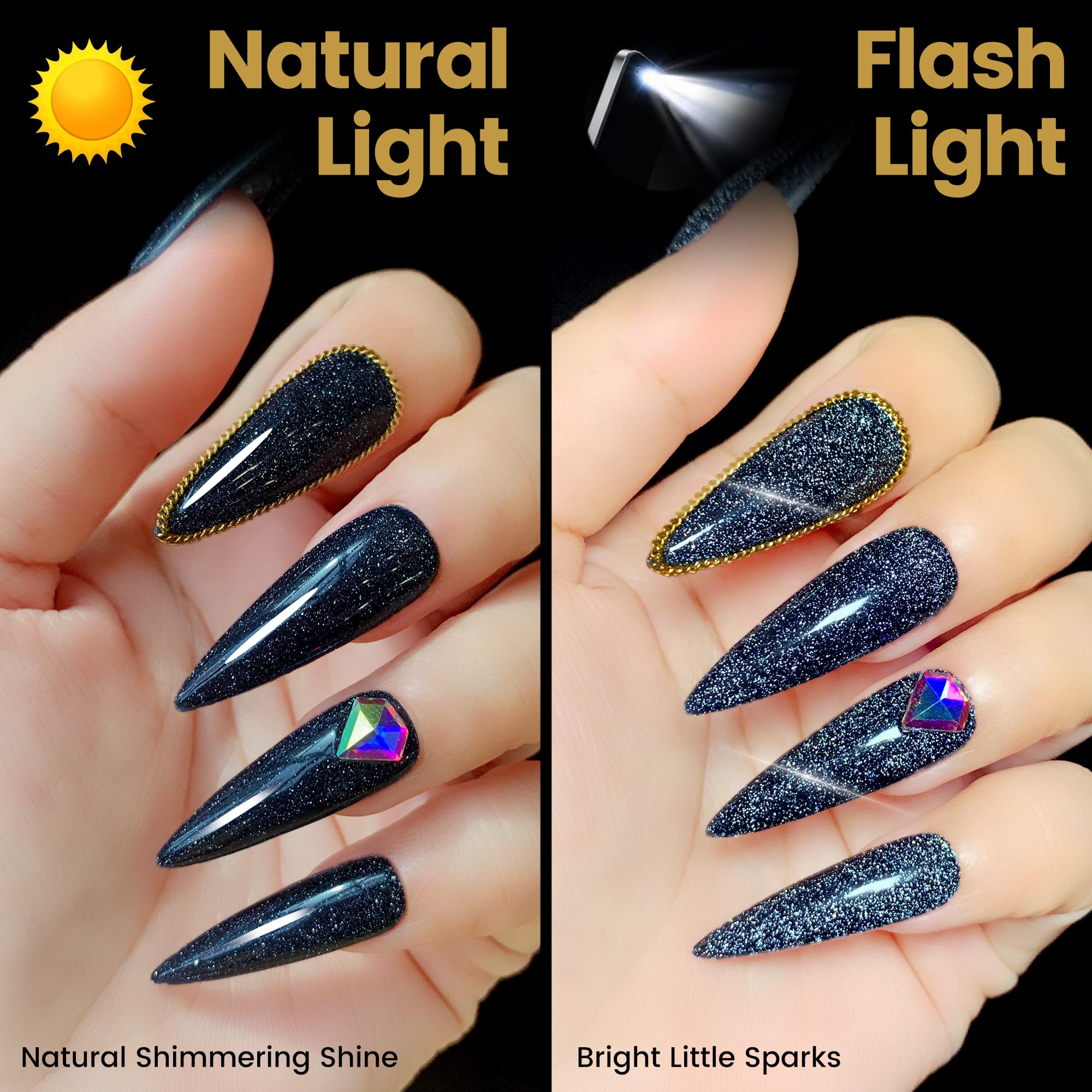 YTD Likomey Reflective Glitter Gel Nail Polish with Base Coat and Top Coat Set,Fall Winter Falsh 6 Colors Shimmer Black Silver Pink Blue Red Gold Diamond Sparkle UV Color Varnish Kit,8 Pcs 7.5 ml