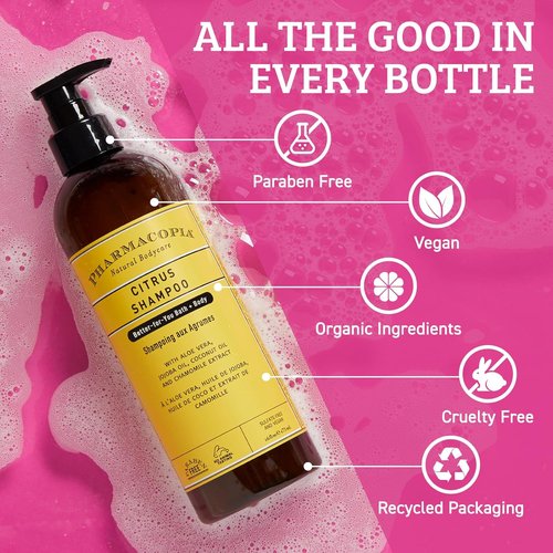 Pharmacopia Citrus Shampoo - Natural Plant-Based Hair Care with Aloe Vera & Jojoba Oil | 16 oz Vegan & Cruelty-Free