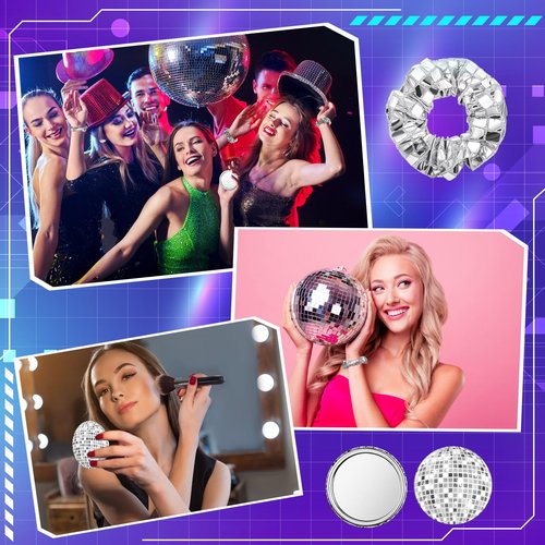 24 Pack Disco Party Favors Include 12 Pcs Sequin Hair Scrunchies 12 Pcs Metallic Ball Compact Mirror Disco Ball Accessories for Women 70s 80s 90s Bachelorette Party Bridal Shower Travel Gifts