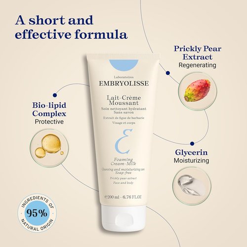 Embryolisse Foaming Cream Milk - Hydrating Soap-Free Cleanser for Face & Body, 6.76 Fl Oz