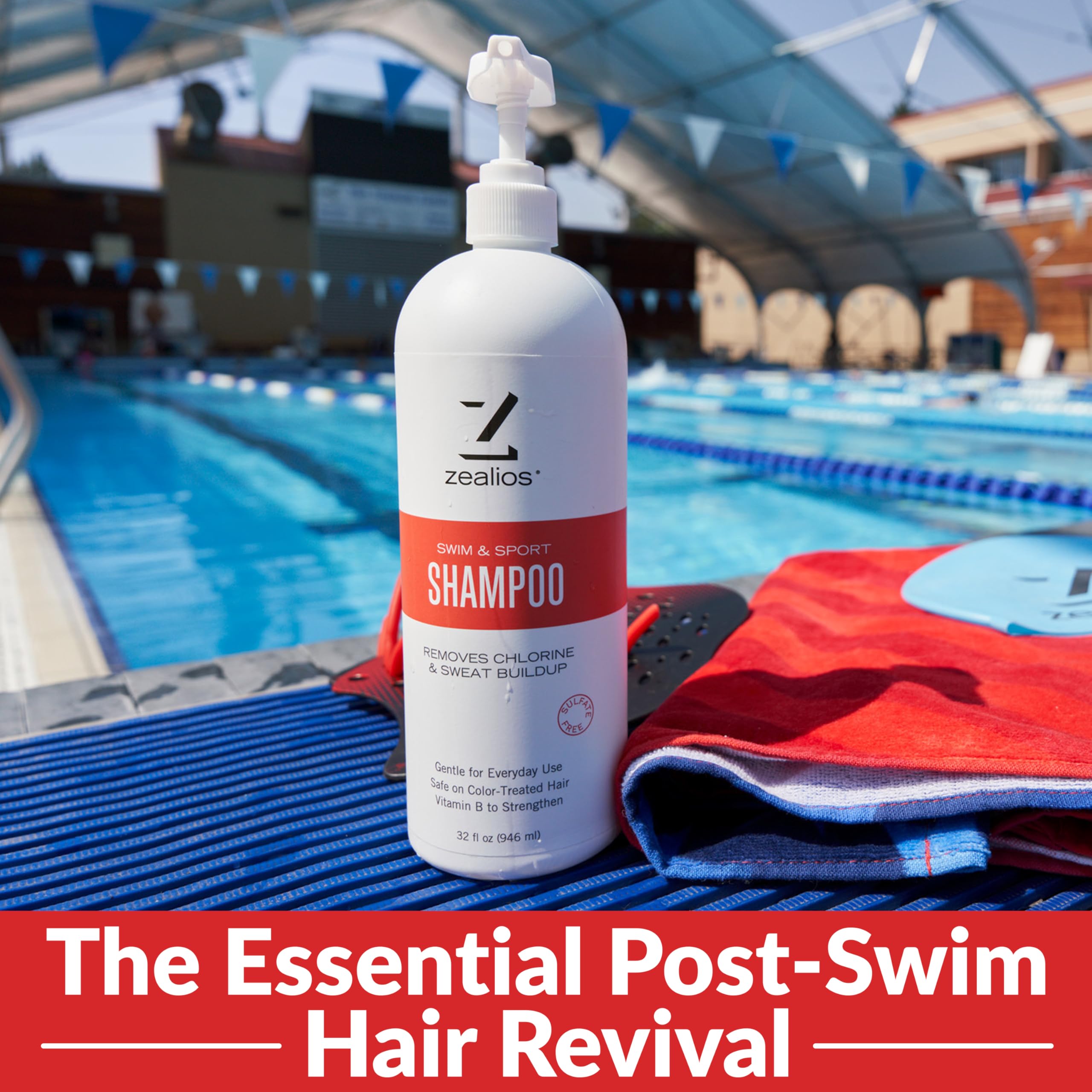 Zealios Swim & Sport Clarifying Shampoo, 32 oz Pump Bottle for Extremely Damaged Hair, Pool Hair Repair & Protector - Sulfate-Free, Moisturizing Chlorine & Salt Removal, Color-Safe, Citrus Scent