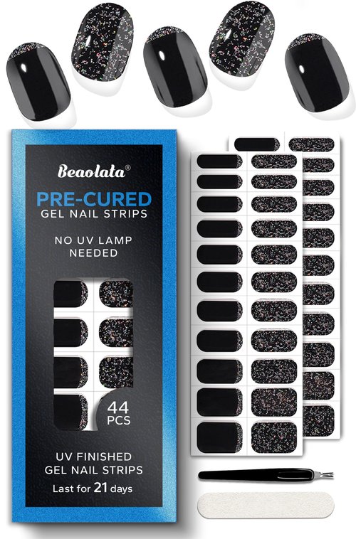 Beaolata Real Gel Nail Strips (No UV Light Needed) - 44Pcs Salon Quality Nail Stickers - Long Lasting Polish Wraps for Women, Easy Apply & Remove (Midnight Shimmer Black)