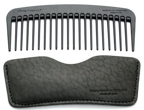Chicago Comb Model 10 Carbon Fiber + Black Horween Leather Sheath, Wide Tooth, Made in USA