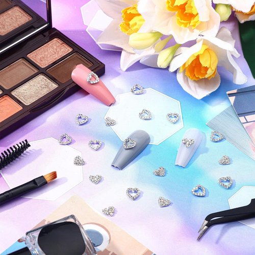 Leelosp 36 Pcs Heart Nail Charms for Nail Art, 3D Heart Rhinestone Decals Silver Crystal Charms Diamond Alloy Gems Decorations for Women Decoration