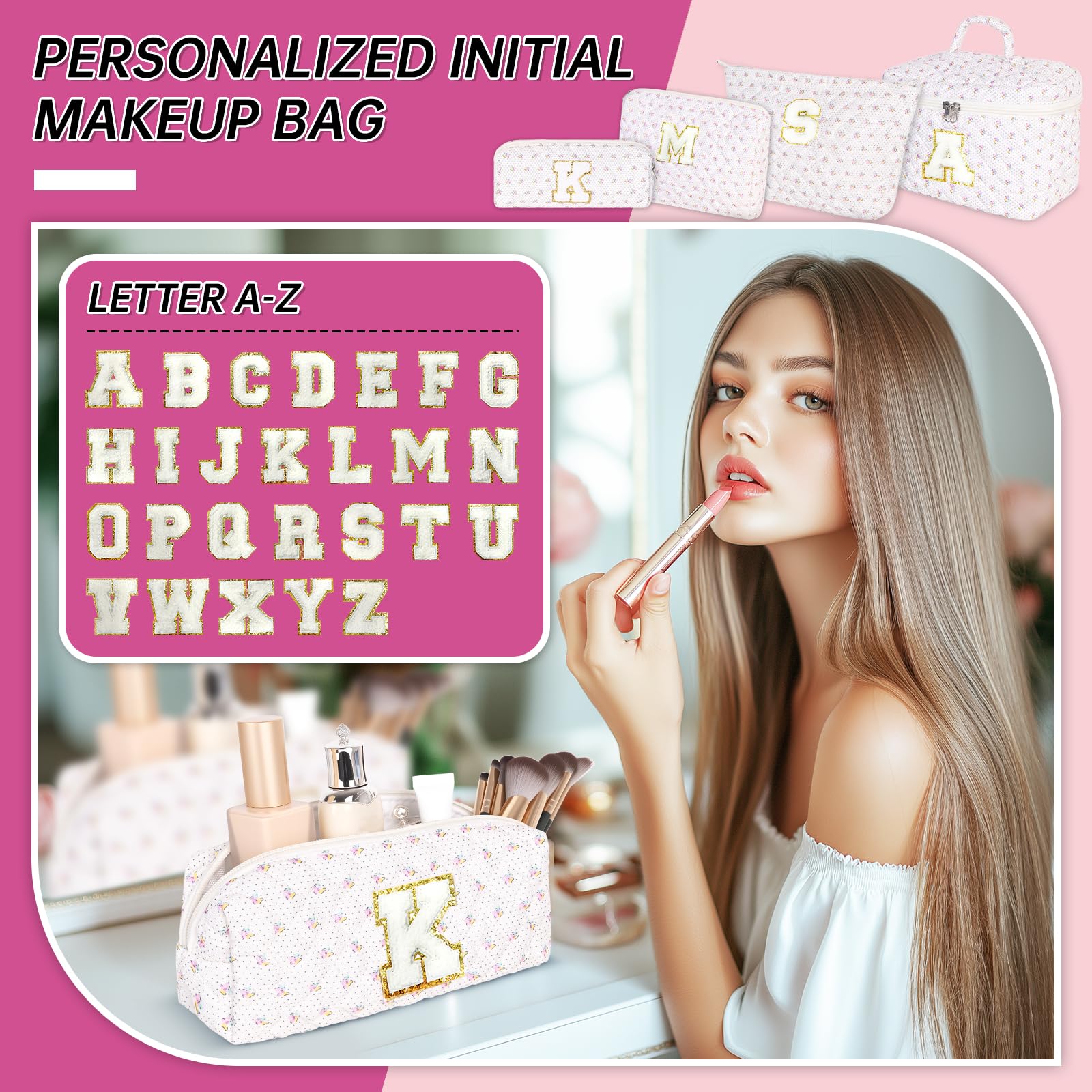 XUJKK Personalized Initial Makeup Bag, Quilted Cosmetic Bag, Large Floral Make Up Bag for Women, Cotton Makeup Bag Set, Flower Travel Toiletry Bag | Birthday Gifts for Women Daughter Gifts F