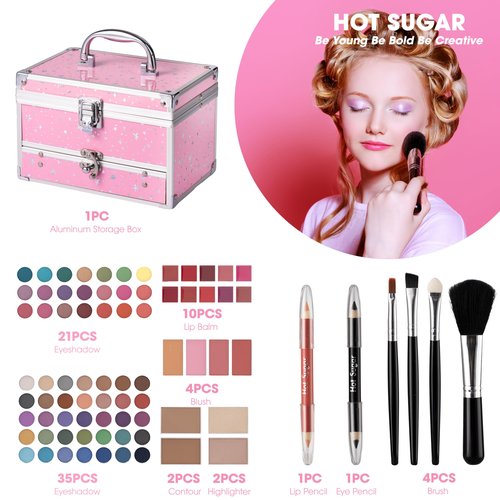 Hot Sugar Makeup Kit for Teens with Train Case, Portable Beginner Makeup Gift Set, Makeup Beauty Kit for Girls (Pink)