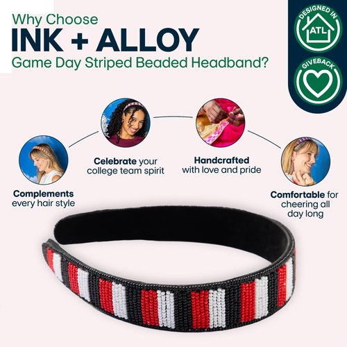 INK + ALLOY Game Day Striped Beaded Headband – Handcrafted Statement Hair Accessories for Sports Fans – Perfect for Gameday (Red + Black)