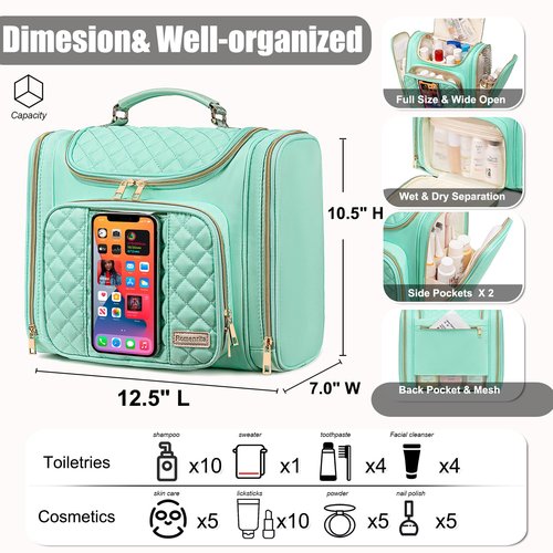 Romenrita Travel Toiletry Bag for Women, Hanging Toiletry Bag, Bathroom Bag Portable Shower Caddy for College Dorm Travel Shower Bag for Women Water-Resistant Cosmetic Makeup Bag (Green)