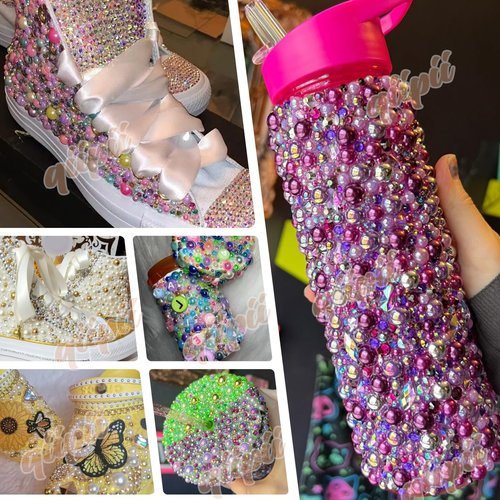 qiipii 2Bags 90g DIY Bundles Pack, 1 Half Round Pearls+1 Resin Rhinestones for Bedazzling Crafting 3-10mm Mix Light Pink Purpe Blue Colorful Gems Diamonds for Face Eyes Makeup Tumblers Bottles Shoes