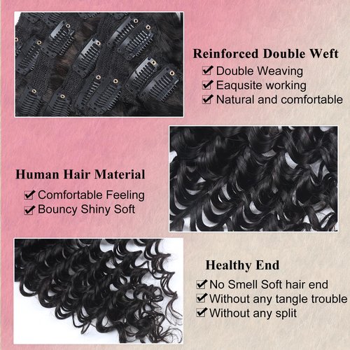 Deep Wave Clip in Hair Extensions Real Human Hair 14 Inch Deep Curly Clip ins for Women Invisible Seamless Remy Human Hair Clips in Extensions 8pcs 100g/3.5oz 20 Clips Double Weft Natural Black