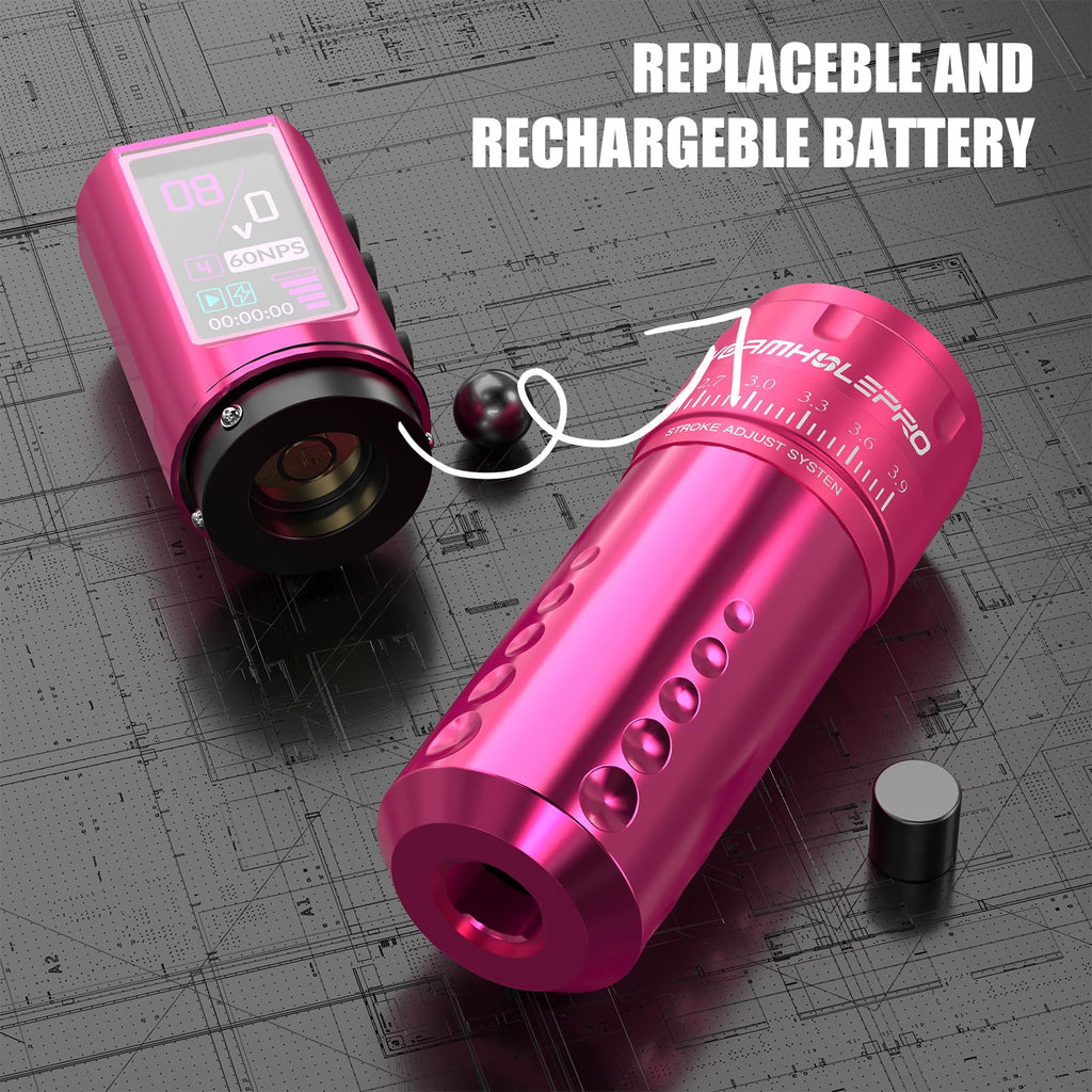 WORMHOLE PRO 80PCS Tattoo Gun Kit with 7 Adjustable Strokes, 1,800 mAh Capacity Replacement Power Supply, Digital LED Display, 20Pcs Tattoo Needles for Artists VIRGO - Pink