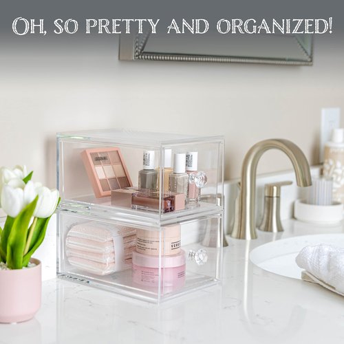 Oizeir Clear Drawer Organizers - Acrylic, Durable, Stackable, Pull-Out Drawer - Great for Medicine, Cosmetics, Makeup and Bathroom Organization (4.5" High | 2-PACK)