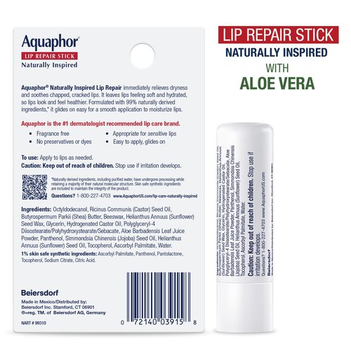 Aquaphor Naturally Inspired Lip Repair Stick Four (4) Pack with Shea Butter, Lip Balm Set, Coconut Oil, Two (2) 0.17 Oz + Two (2) Aloe Vera, 0.17 Oz