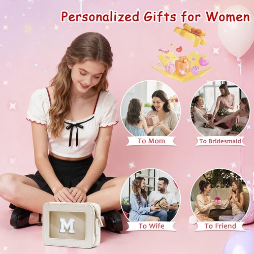 CLOUDWINGS Initial Travel Toiletry Bag - Cosmetic Bags for Girls with Zipper, Clear & Potable Makeup Bag for Travel, Cosmetic Pouch Perfect Gifts for Graduation (Beige, M)