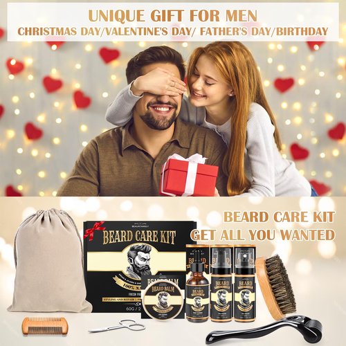 Beard Growth Kit, Grooming Set w/Growth Oil, Conditioner, Balm, Shampoo Wash, 0.25MM Roller, Brush, Comb, Scissor, Bag, Christmas Birthday Valentines Day Gifts for Him Men