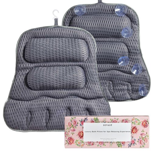 Bath Pillows for Tub, Full-Body Relaxation with Head, Neck & Shoulder Support, Ergonomic Design, 10 Suction Cups, Breathable 4D Air Mesh (Grey)