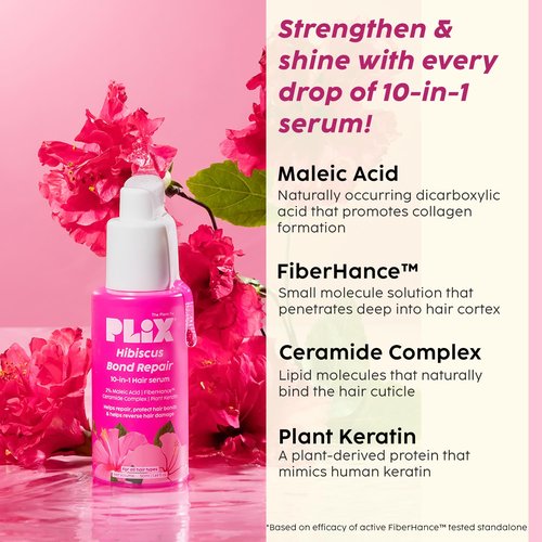 Plix Hibiscus 10-in-1 Bond Repair Hair Serum for Reduced Breakage & Nourished Strands, 1.69 fl oz
